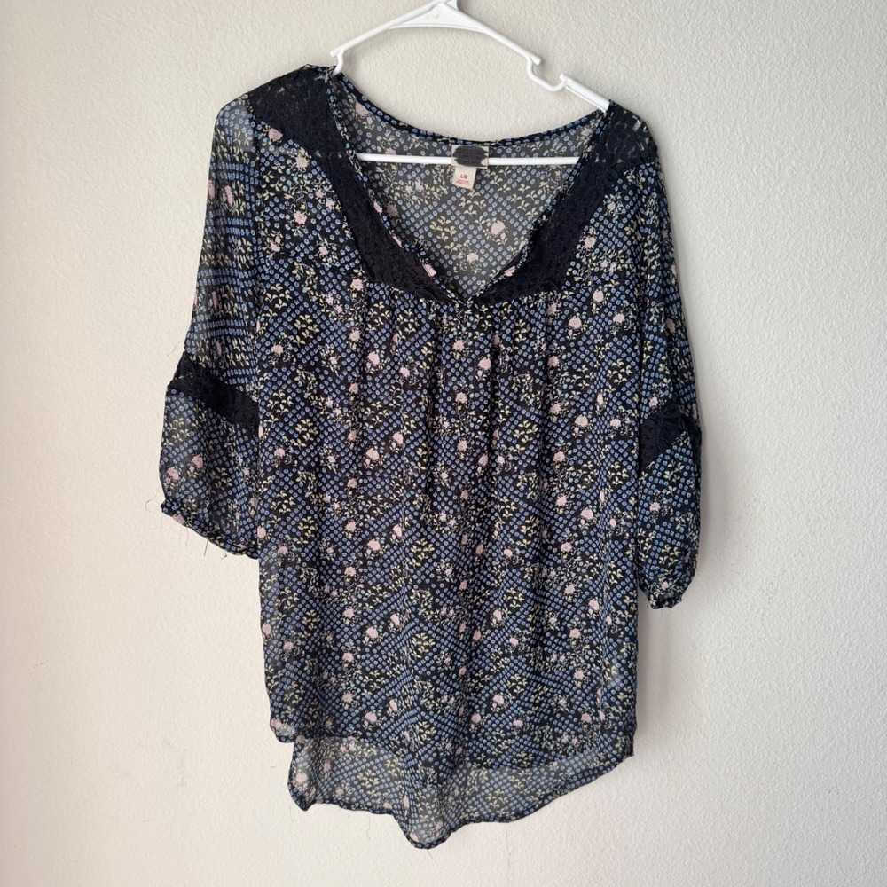 Mossimo Supply Co Womens Floral Lace Trim Sheer Boho Blouse Black Blue Large